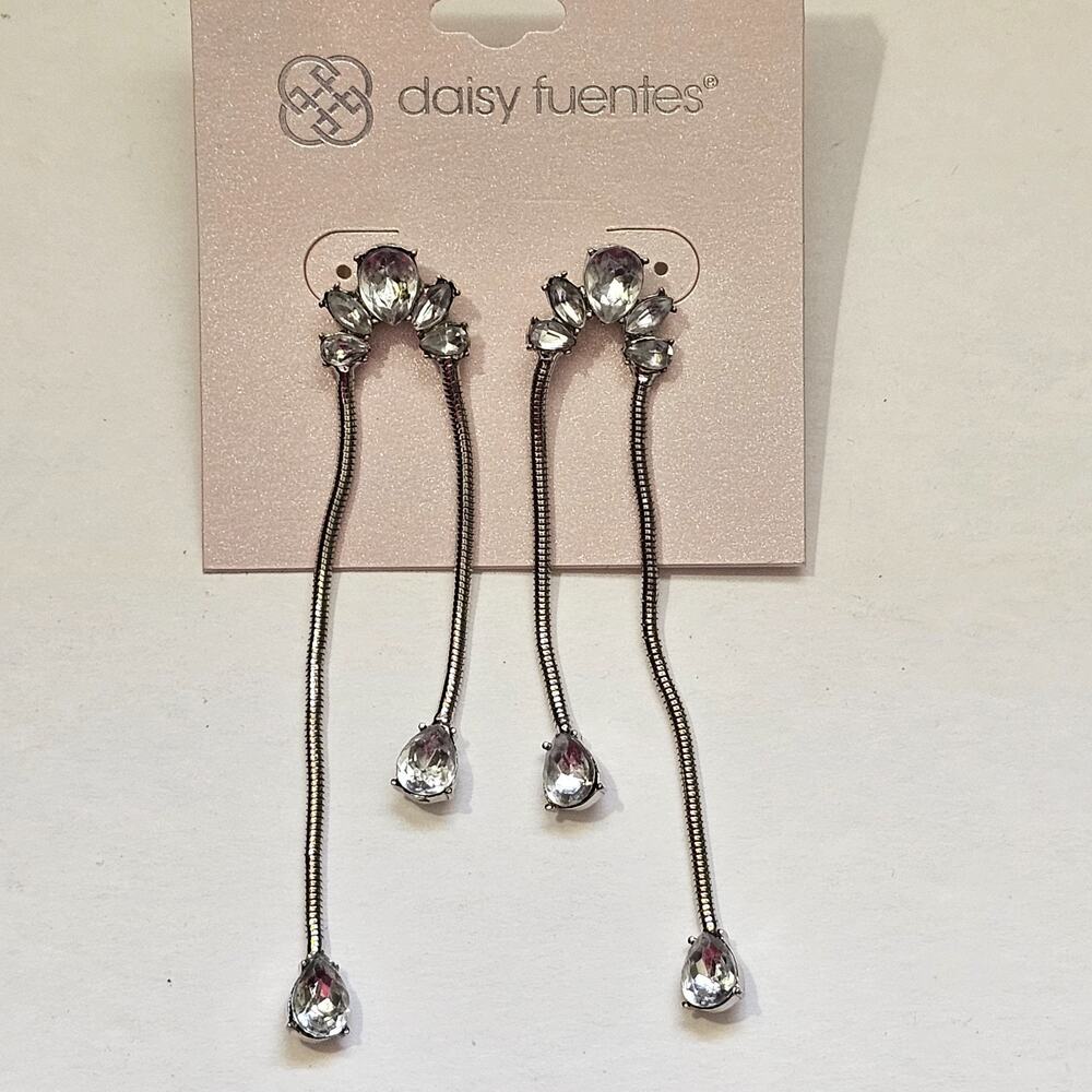 Daisy Fuentes Rhinestone & Chain Drop/Dangle Earrings Silvertone Pierced NEW